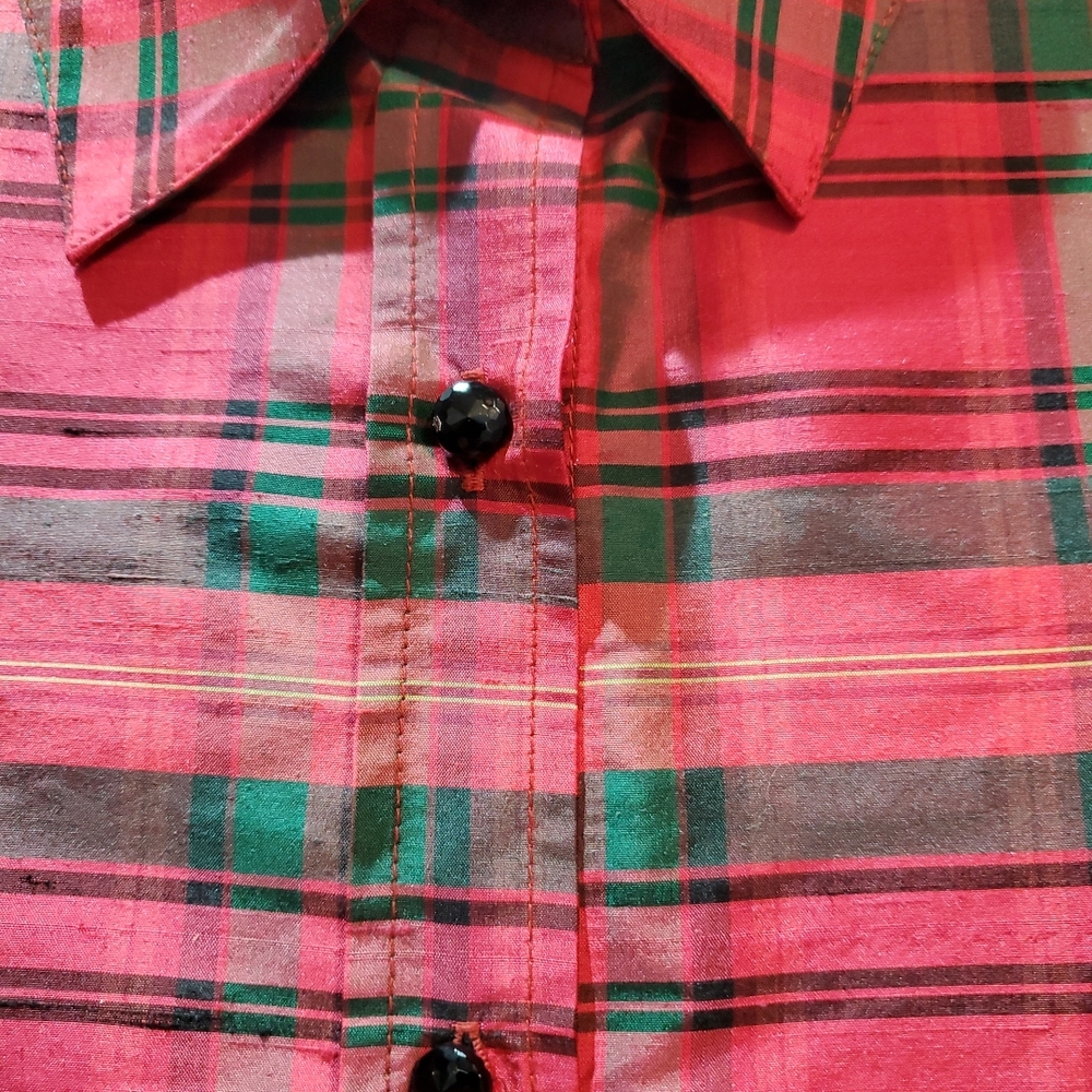 Appleseeds 100% Silk Size 16 Womens Button Up Red and Green Plaid Shirt - Picture 5 of 16